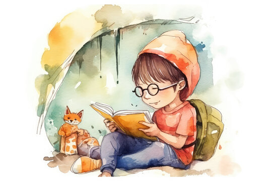 Watercolor drawing with kid reading children's book, evoking a sense of warmth and wonder. Charming, hand-drawn illustration invites viewers to join the imaginative world of reading., generative AI