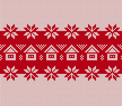 Red and white knit print with snowflakes and houses. Christmas seamless pattern with hut, flowers. Knitted sweater background. Xmas geometric texture. Holiday fair isle ornament. Vector illustration