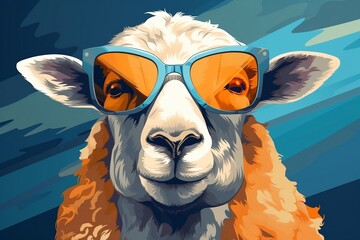 A close up of a sheep wearing sunglasses. AI