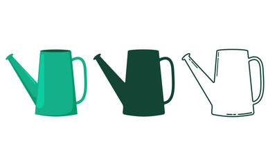 Watering can. Silhouette. Line. Set of three pieces. 