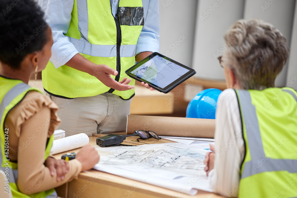 Poster tablet, screen and engineering people with blueprint proposal, collaboration and project management 