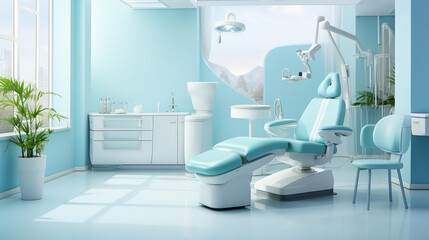 Modern dental practice Clinic interior room with chair, lamp, display Generative AI