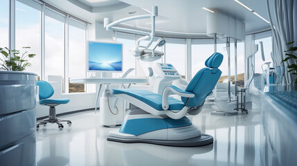 Modern dental practice Clinic interior room with chair, lamp, display Generative AI