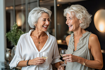 cheerful senior women holding glasses of wine and smiling at each other. Selective focus.