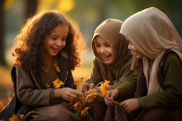 the joy and innocence of a Muslim girl playing with her friends in a park, showcasing the importance of friendship and social interaction in her life. Generative AI
