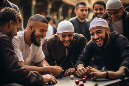 the joy and camaraderie of Muslim guys participating in a friendly game or competition, highlighting the importance of teamwork and sportsmanship in their lives. Generative AI