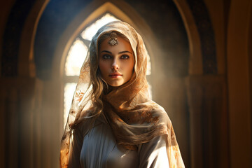 the cultural diversity within the Muslim community, featuring a Muslim girl dressed in traditional attire from her specific cultural background, emphasizing the richness and beauty Generative AI