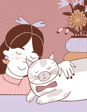 a girl snuggles up to her cat