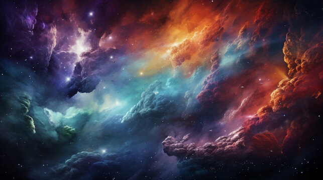 The pillars of creation, colorful gas nebula, tiny specs of bright white stars, diffraction spikes on stars, amazing beauty, contrast, aquamarine and orange and purple color tones.