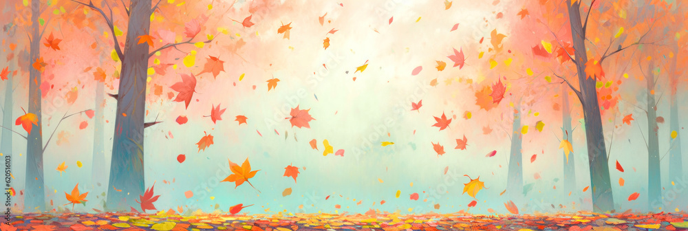 Wall mural colorful leaves falling from maple trees, autumn banner background with copy space. digital illustra