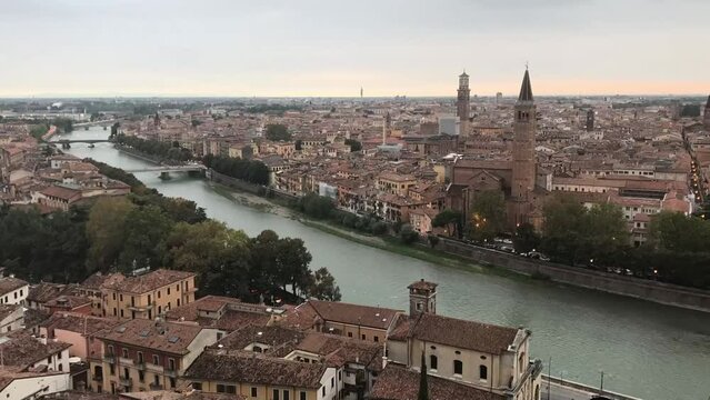 Beautiful sunset aerial view of Verona, Veneto region, Italy, time-lapse video