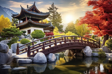 Obraz premium Japanese temple on lake. Asia travel. generative ai
