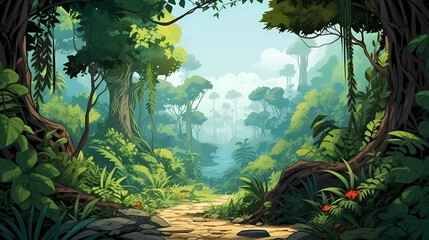 Hand-drawn cartoon beautiful illustration of primitive tropical rainforest
