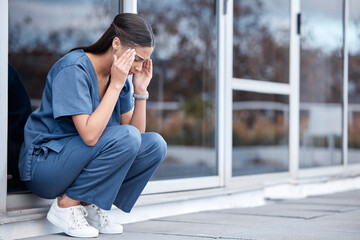 Anxiety, doctor or a woman with a headache from healthcare, surgery mistake or death at a hospital. Sad, depressed and a tired female nurse with a migraine or burnout from medical career at a clinic - obrazy, fototapety, plakaty