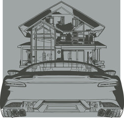 Sketch of the car on a white background with the house. Vector illustration 