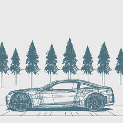 Sketch of a sports car in the pines forest. Vector illustration