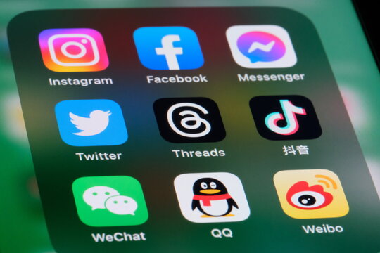 Shanghai,China-July 6th 2023: Threads, Twitter, Instagram, Facebook, Wechat, Tencent QQ,Messenger, TikTok(Douyin) and Sina Weibo app icon on screen. Assorted social media platform application software