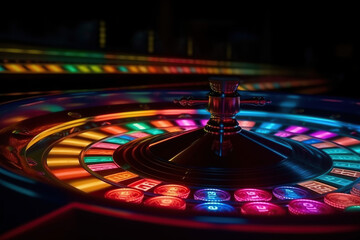 Fototapeta premium Neon Casino Slot Machine, Glowing Casino Roulette, digital futuristic and hologram concept, created with Generative AI