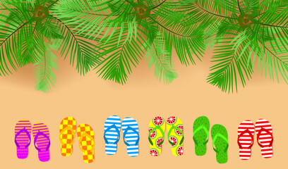 Fototapeta na wymiar Summer beach with palm trees and color flip-flop sandals. Top view. Beach vacation concept
