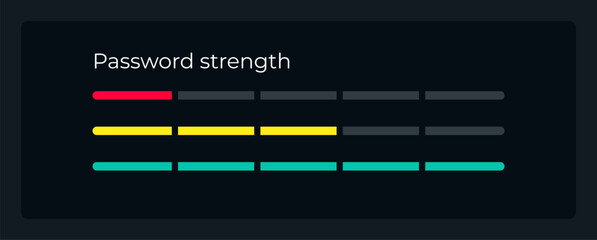 Password strength scale UI element template. Editable isolated vector dashboard component. Flat user interface. Visual data presentation. Web design widget for mobile application with dark theme