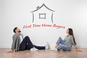 Home buyers. Young couple dreaming about their first house. Illustration of accommodation