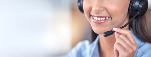 Call center, mouth and happy woman in office listening for communication, support and contact us for customer service. Mic, telemarketing and sales agent, consultant or employee with mockup space.
