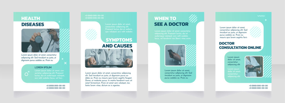 Health diseases brochure design with photo. Medical assistance online. Template set with copy space. Flyer layout ready to use. Editable 4 paper pages. Kanit Bold, Josefin Sans Regular fonts used