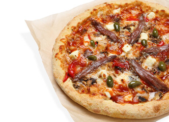 Tasty pizza with anchovies, arugula and olives isolated on white