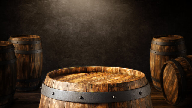 Close view of the surface of an old wooden barrel in a cellar or dark environment with soft warm light and with more barrels in the background. 3D Rendering