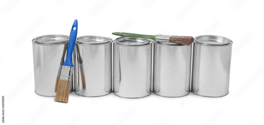 Wall mural Cans of paints and brush on white background