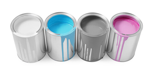 Cans of colorful paints isolated on white