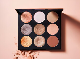 eyeshadow palette isolated on plain pink studio background, made with generative ai