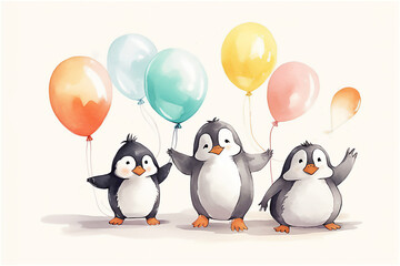 Fototapeta premium Happy Holiday Birthday . Happy Cute cartoon penguin. Illustration. Post processed AI generated image