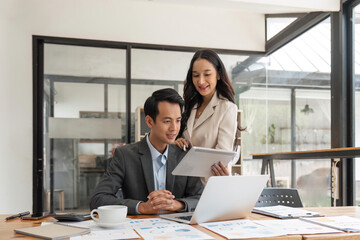 Business people working with new startup project idea presentation, analyze planning on tablet at office