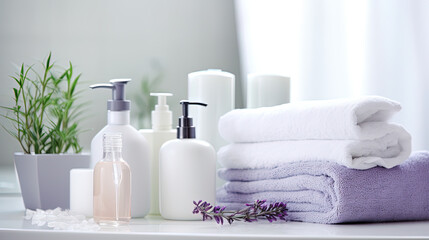 Fototapeta na wymiar bathroom spa background with toiletries, soap, towel, creams and lotions, Generative AI