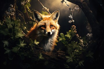 A fox lit by moonlight caught in plant trunk Generative AI