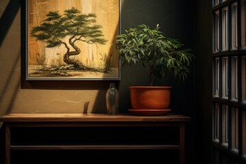 A painting of a tree amidst greenery on a shelf 
 Generative AI