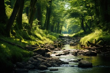 A painting of a stream flowing through verdant woodland  Generative AI