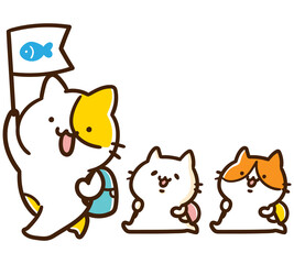 子どもたちを引率して遠足に出かけるかわいいねこのキャラクターのイラスト