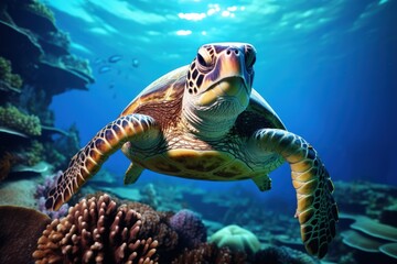 Ocean turtle with coral reef fish Generative AI - obrazy, fototapety, plakaty