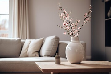 Scandinavian living room design with floral vase Generative AI