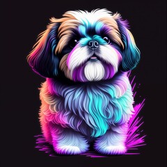 Bright drawing of a dog, Shih Tzu, on a T-shirt on a black background. Generative AI, generative, AI