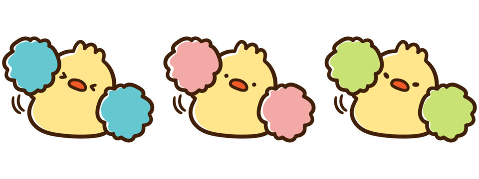一生懸命応援するかわいい三匹のひよこのキャラクターのイラスト