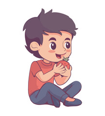 A cute child sitting, eating fruit, smiling