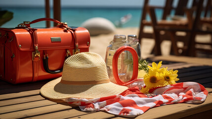 Obraz premium Beach Accessories On Deck Beach, Summer Holidays