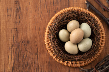 Fresh button quail eggs in a nest on wooden table background.