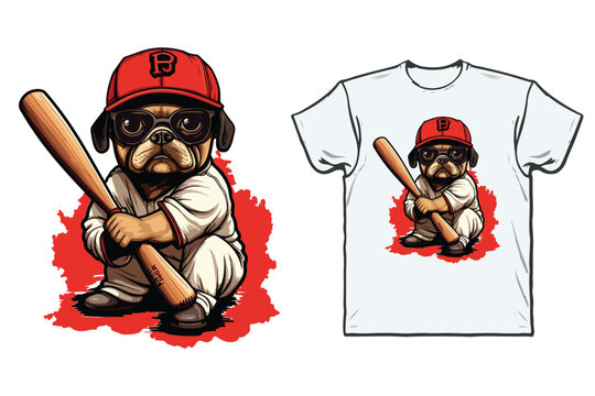 Bulldog baseball player mascot cartoon t-shirt design