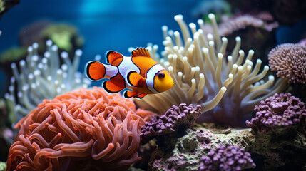 Fototapeta na wymiar Underwater clownfish with coral algae, Generative AI