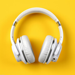 Fototapeta na wymiar Pair of white headphones sitting on top of yellow surface on yellow background. Generative AI.