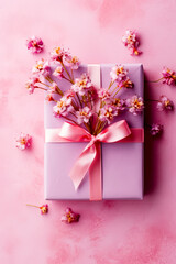Gift wrapped in purple paper with pink ribbon and pink flowers on pink background. Generative AI.